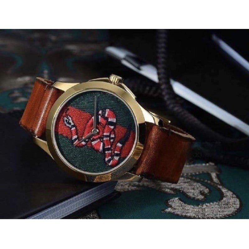Gucci Le Marche Des Merveilles Green and Red Dial Brown Leather Strap Unisex Watch - YA1264012 Watches Gucci   