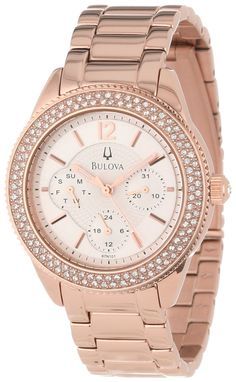 Bulova Crystal Silver Dial Rose Gold Steel Strap Watch for Women - 97N101 Watches Bulova   