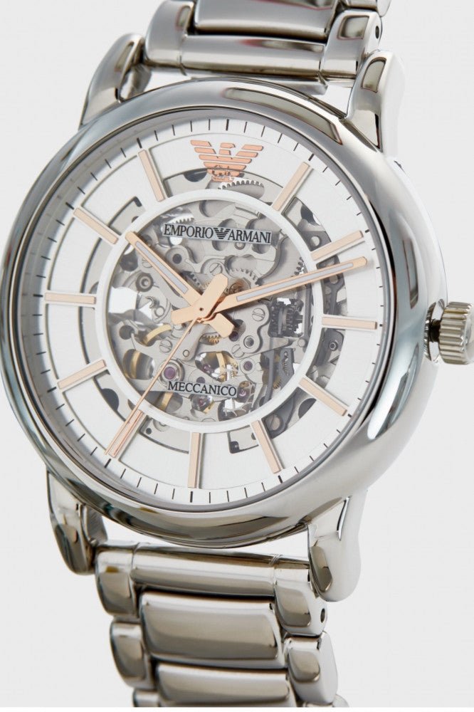 Emporio Armani Meccanico Silver Skeleton Dial Stainless Steel Watch For Men - AR1980 Watches Emporio Armani   