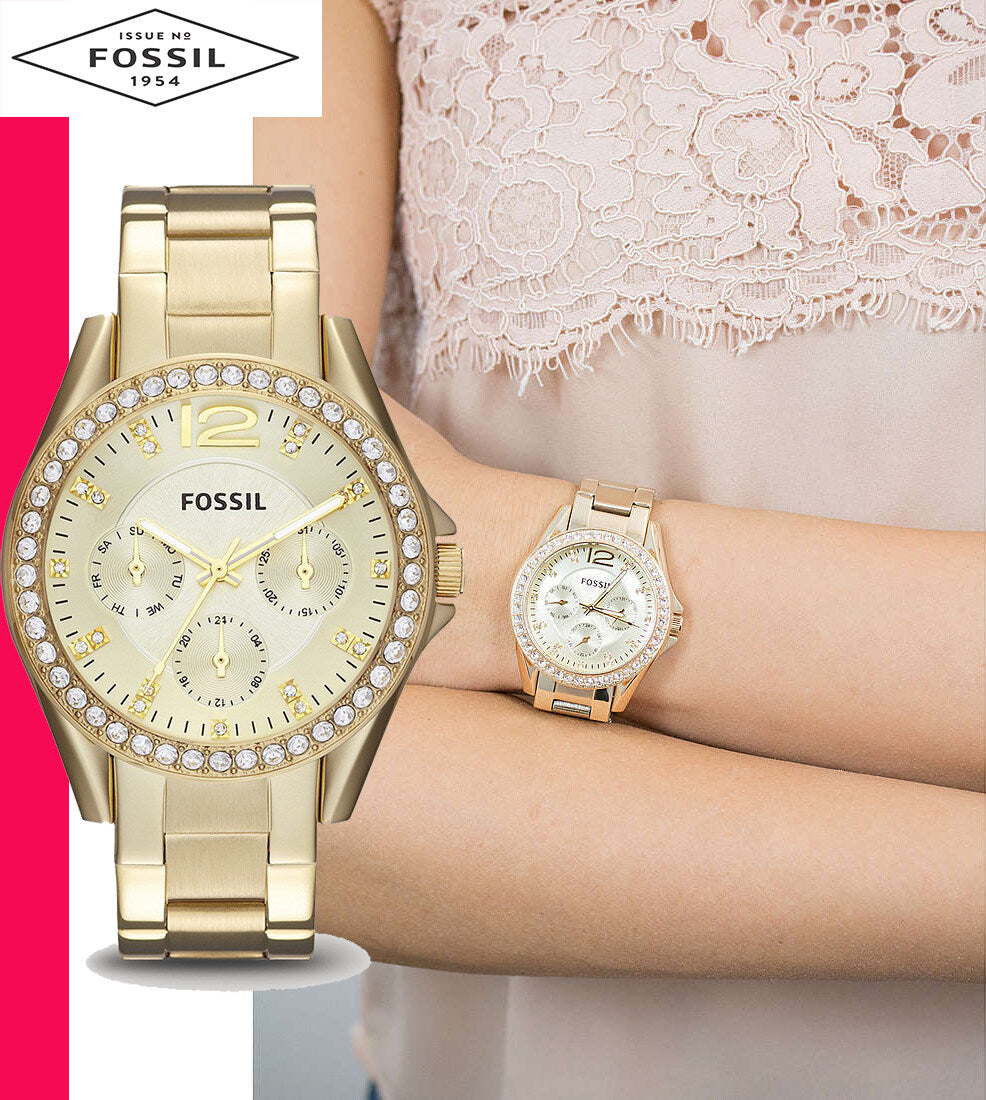 Fossil Riley Gold Dial Gold Steel Strap Watch for Women - ES3203 Watches Fossil   