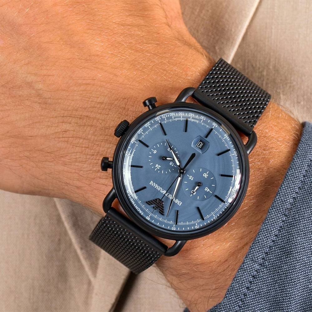 Emporio Armani Aviator Chronograph Blue Dial Black Mesh Bracelet Watch For Men - AR11201 Watches Emporio Armani   