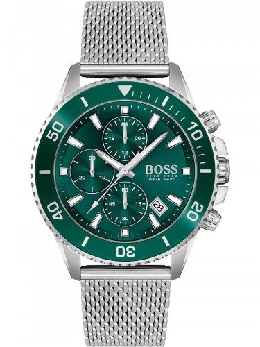 Hugo Boss Admiral Green Dial Silver Mesh Bracelet Watch for Men - 1513905 Watches Hugo Boss   