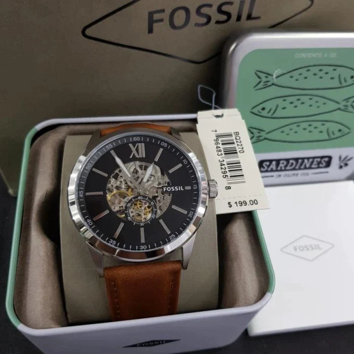 Fossil Flynn Automatic Black Dial Brown Leather Strap Watch for Men - BQ2270 Watches Fossil   