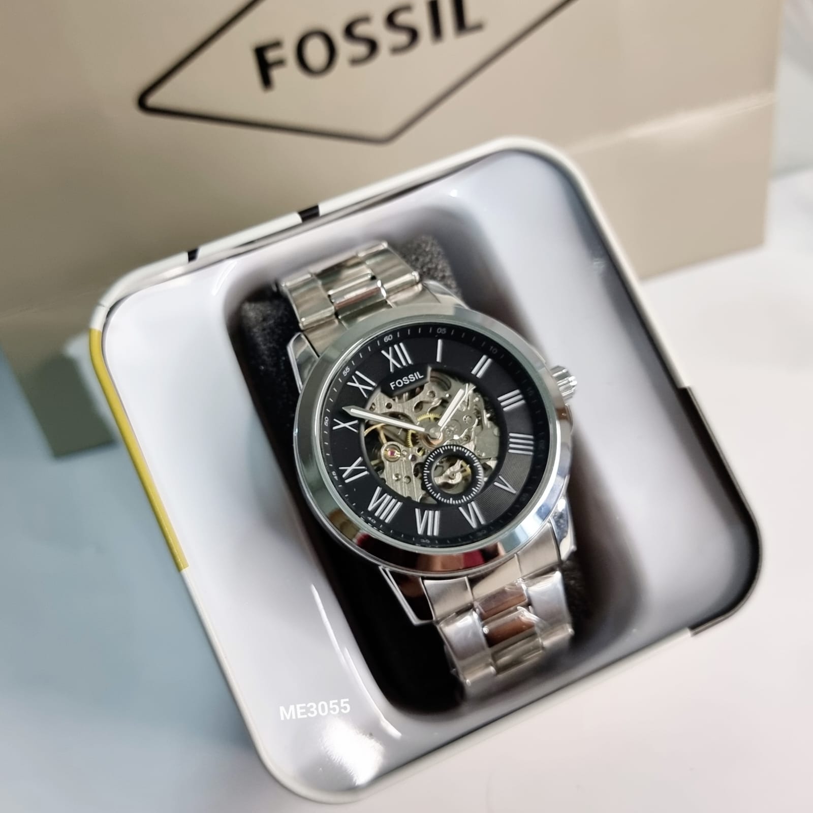 Fossil Grant Skeleton Black Dial Silver Steel Strap Watch for Men - ME3055 Watches Fossil   