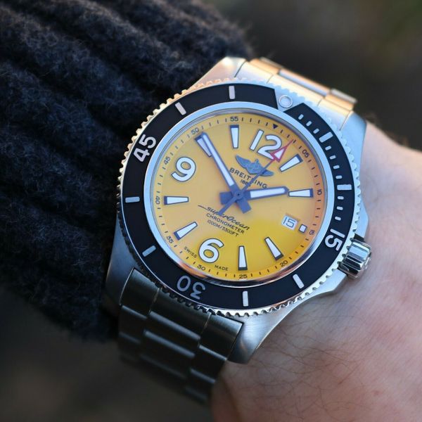 Breitling Superocean II Automatic 44mm Yellow Dial Silver Steel Strap Watch for Men - A17367021I1A1 Watches Breitling   