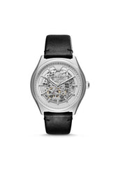 Emporio Armani Meccanico White Skeleton Dial Black Leather Strap Watch For Men - AR60003 Watches Emporio Armani   