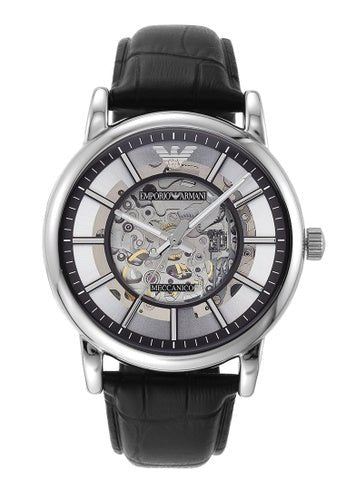 Emporio Armani Luigi Silver Skeleton Dial Black Leather Strap Watch For Men - AR1981 Watches Emporio Armani   