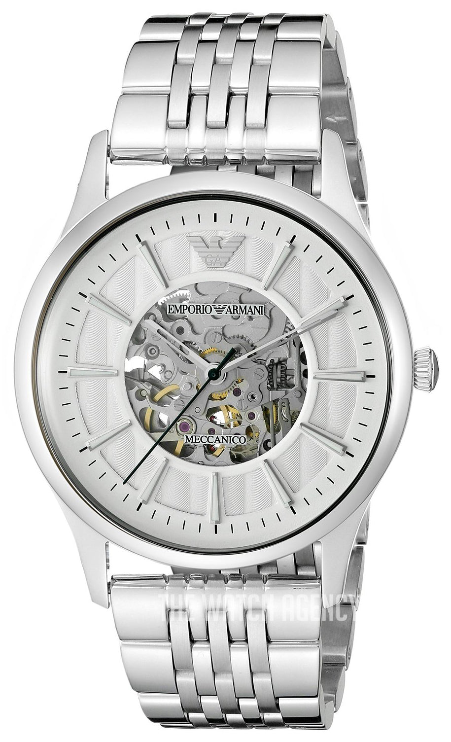 Emporio Armani Meccanico Silver Skeleton Dial Stainless Steel Watch For Men - AR1945 Watches Emporio Armani   