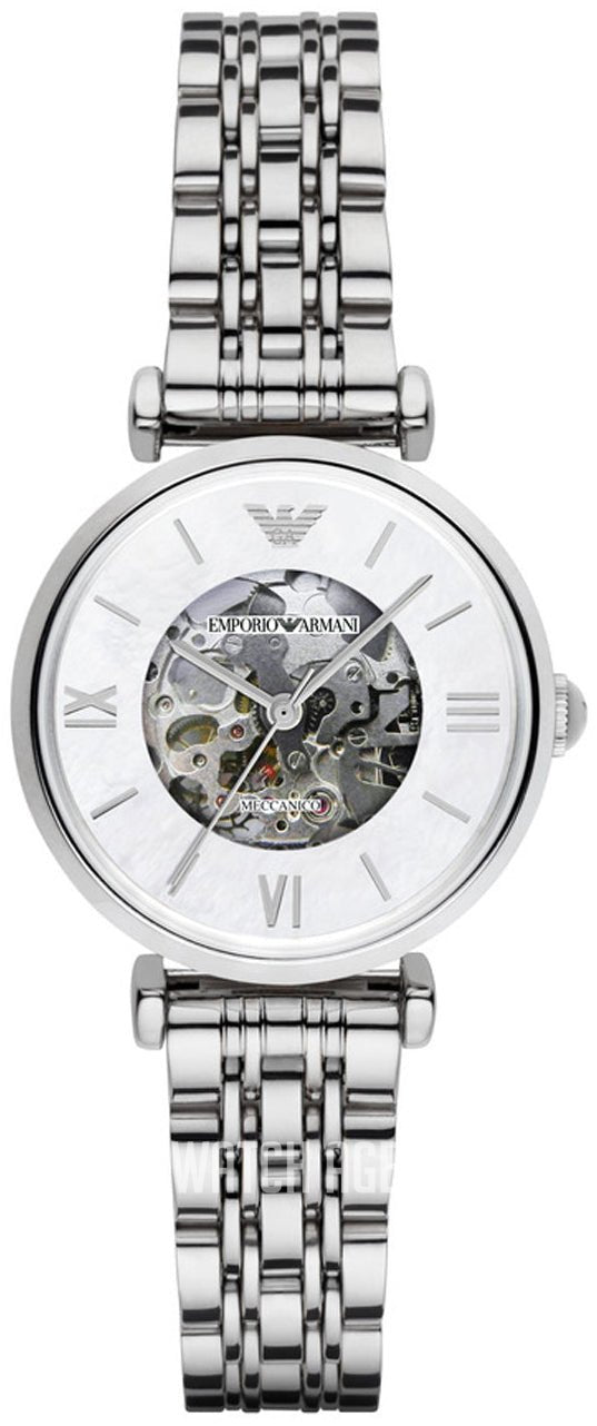 Emporio Armani Meccanico Mother of Pearl Dial Silver Stainless Steel Watch For Women - AR1991 Watches Emporio Armani   