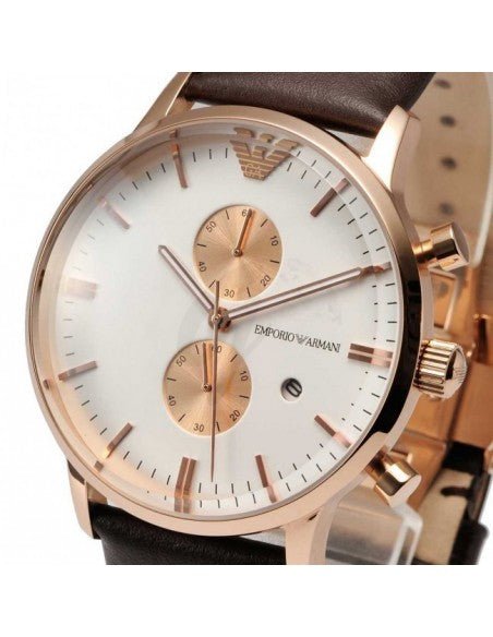 Emporio Armani Gianni Classic Chronograph White Dial Brown Leather Strap Watch For Men - AR0398 Watches Emporio Armani   