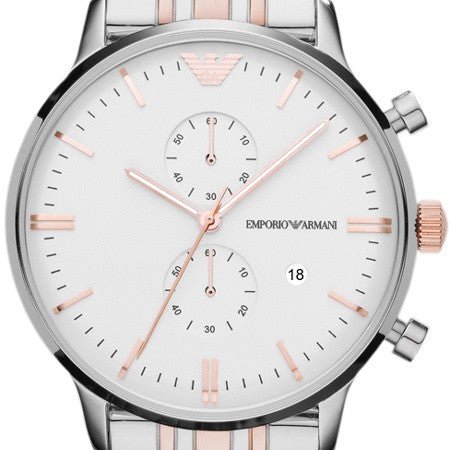 Emporio Armani Chronograph White Dial Two Tone Stainless Steel Strap Watch For Men - AR0399 Watches Emporio Armani   