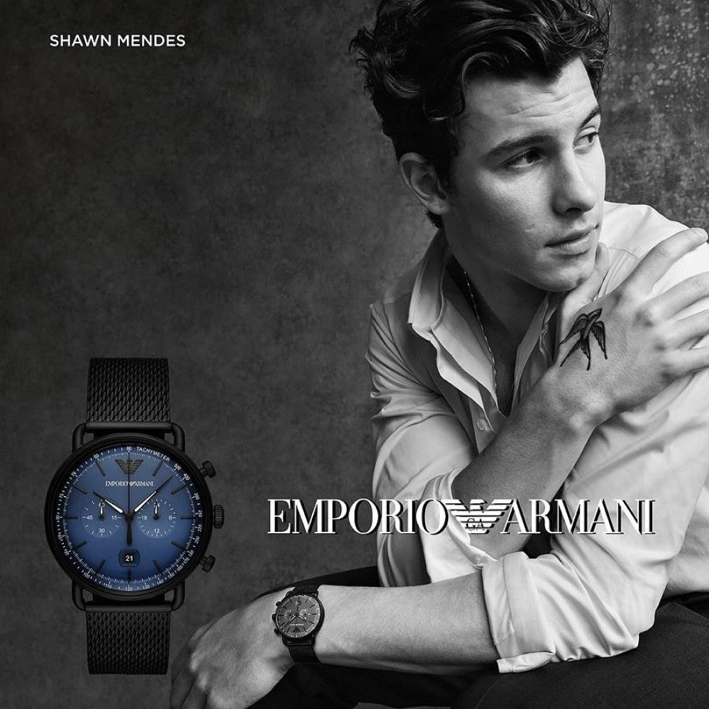 Emporio Armani Aviator Chronograph Blue Dial Black Mesh Bracelet Watch For Men - AR11201 Watches Emporio Armani   