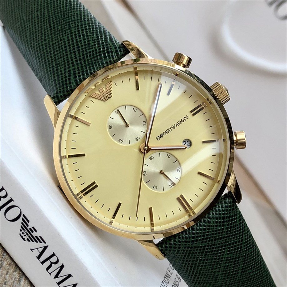 Emporio Armani Chronograph Champagne Dial Green Leather Strap Watch For Men - AR1722 Watches Emporio Armani   