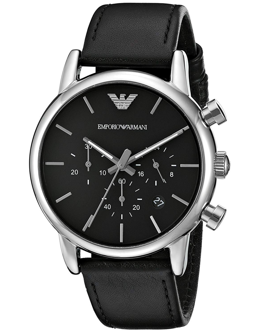 Emporio Armani Classic Chronograph Black Dial Black Leather Strap Watch For Men - AR1733 Watches Emporio Armani   