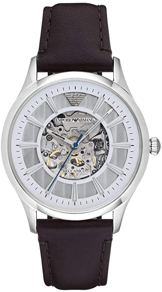 Emporio Armani Meccanico White Dial Brown Leather Strap Watch For Men - AR1946 Watches Emporio Armani   