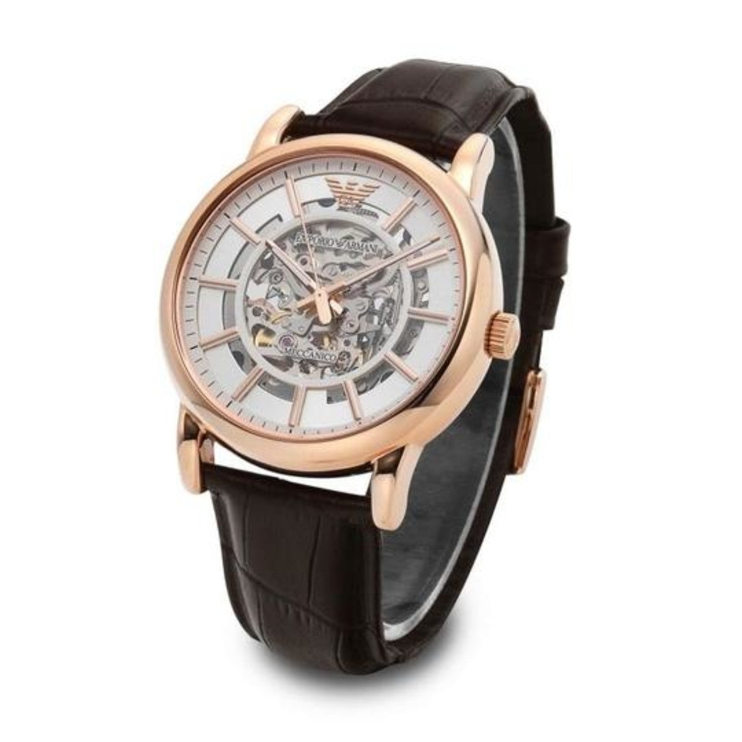 Emporio Armani Meccanico Silver Skeleton Dial Brown Leather Strap Watch For Men - AR1983 Watches Emporio Armani   