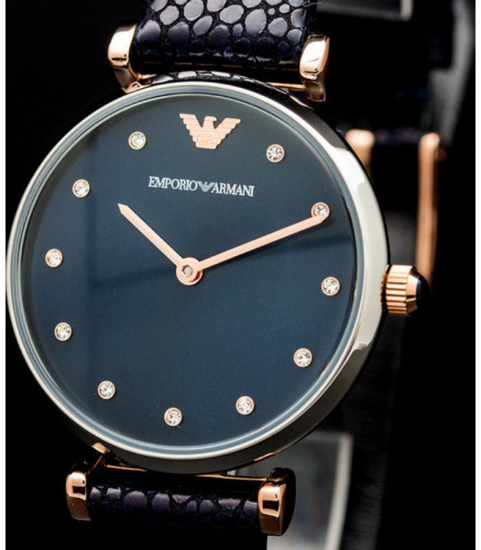 Emporio Armani Gianni T Bar Analog Blue Dial Black Leather Strap Watch For Women - AR1989 Watches Emporio Armani   