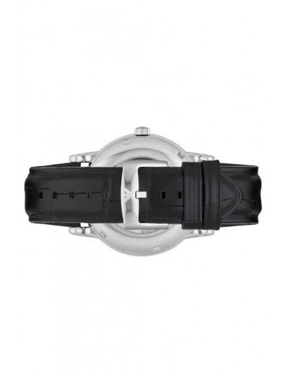 Emporio Armani Meccanico Silver Skeleton Dial Black Leather Watch For Men - AR1997 Watches Emporio Armani   