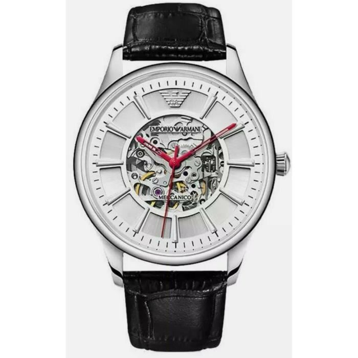 Emporio Armani Meccanico Silver Skeleton Dial Black Leather Strap Watch For Men - AR2072 Watches Emporio Armani   