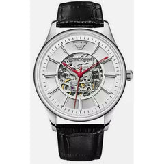 Emporio Armani Meccanico Silver Skeleton Dial Black Leather Strap Watch For Men - AR2072 Watches Emporio Armani   