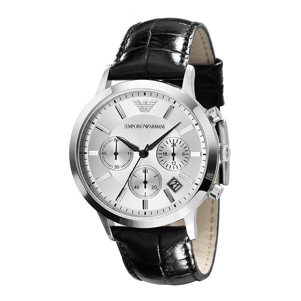 Emporio Armani Classic Chronograph Silver Dial Black Leather Strap Watch For Men - AR2432 Watches Emporio Armani   