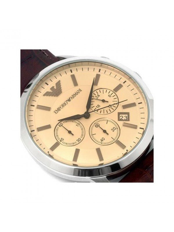 Emporio Armani Classic Chronograph Beige Dial Brown Leather Strap Watch For Men - AR2433 Watches Emporio Armani   