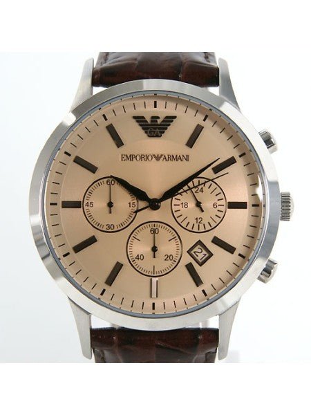 Emporio Armani Classic Chronograph Beige Dial Brown Leather Strap Watch For Men - AR2433 Watches Emporio Armani   