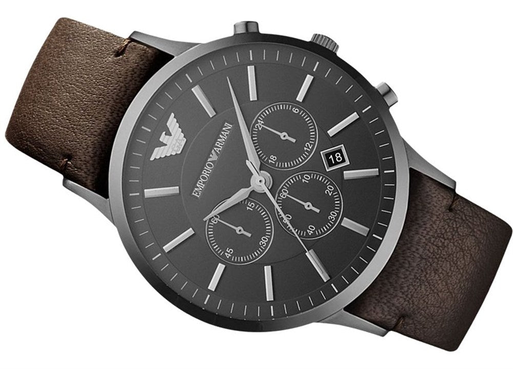 Emporio Armani Sportivo  Black Dial Brown Leather Strap Watch For Men - AR2462 Watches Emporio Armani   