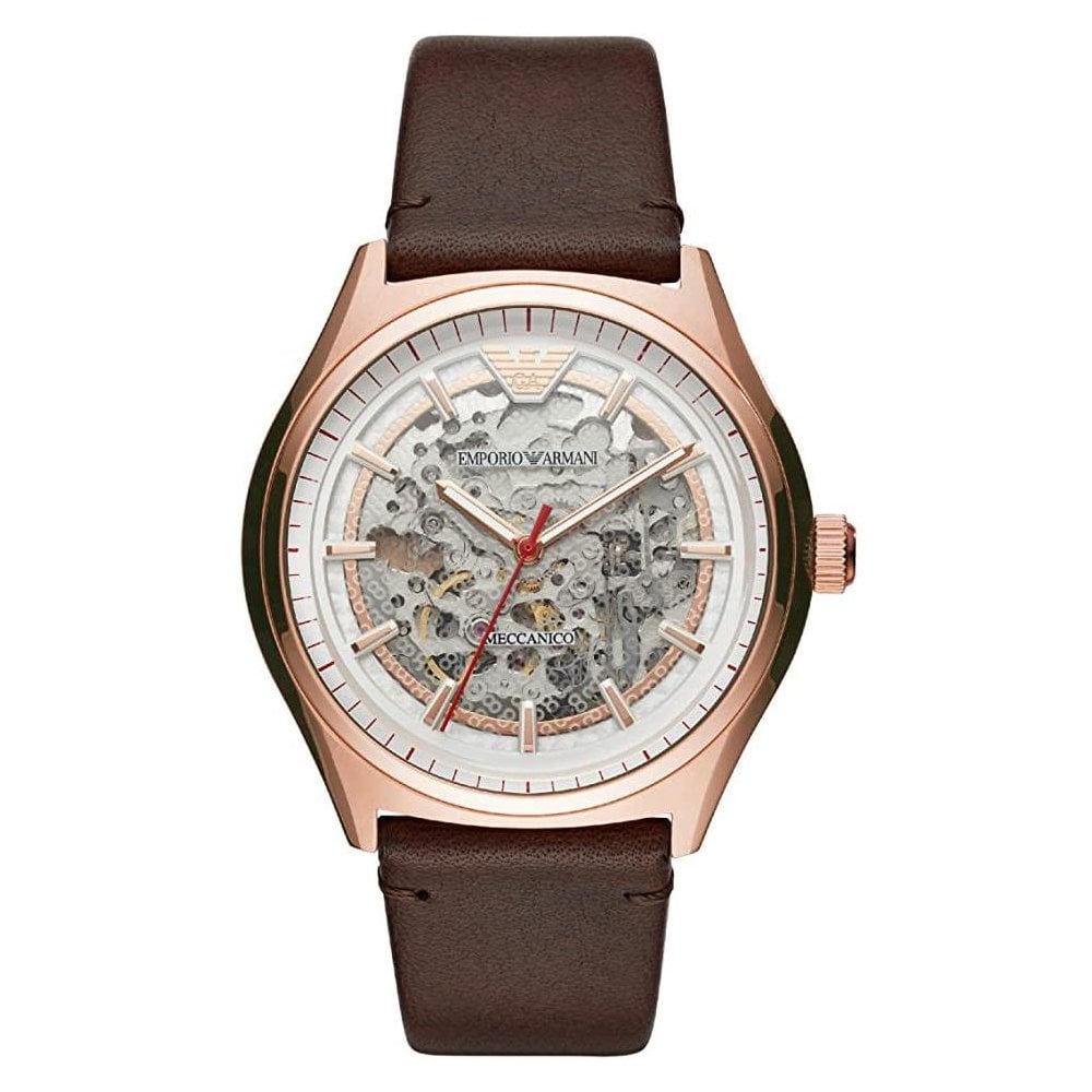 Emporio Armani Meccanico White Skeleton Dial Brown Leather Strap Watch For Men - AR60005 Watches Emporio Armani   