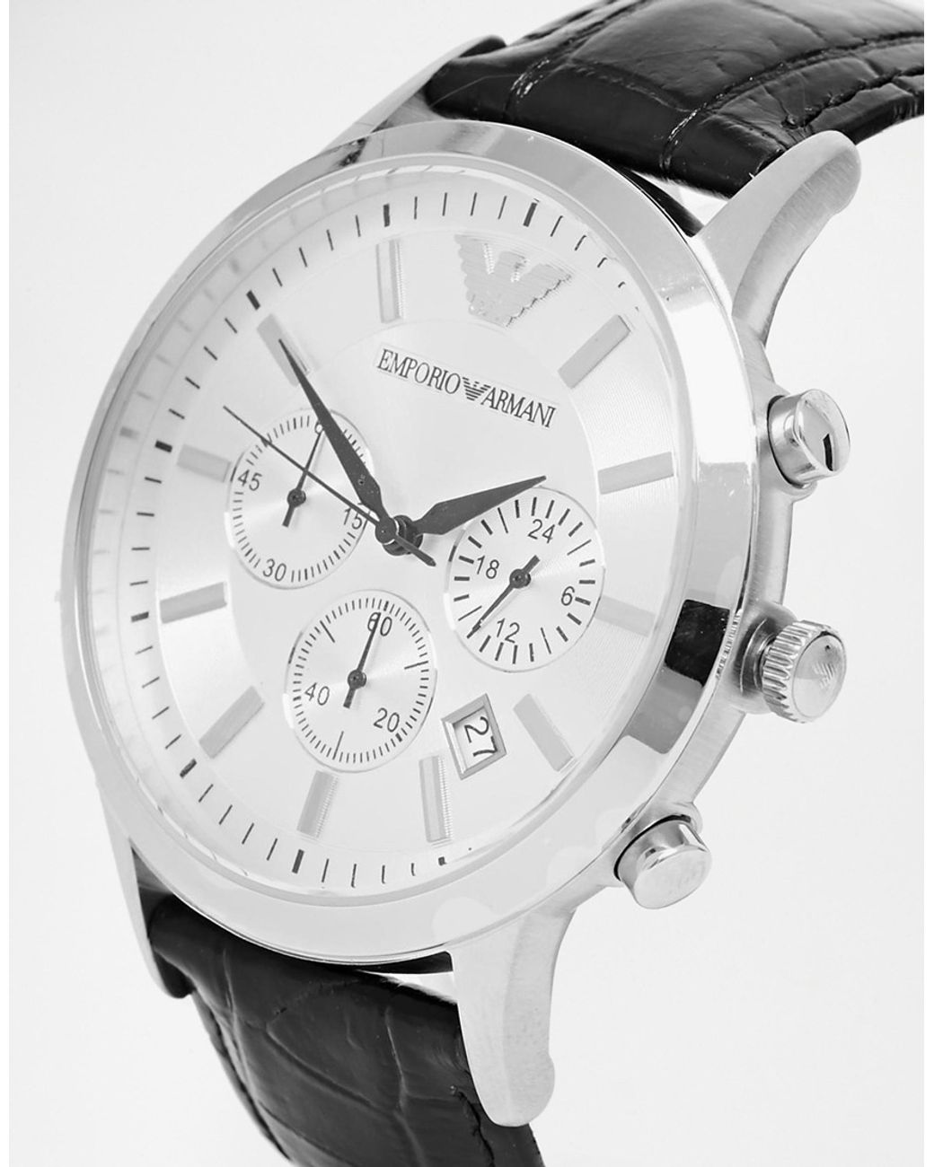 Emporio Armani Classic Chronograph Silver Dial Black Leather Strap Watch For Men - AR2432 Watches Emporio Armani   