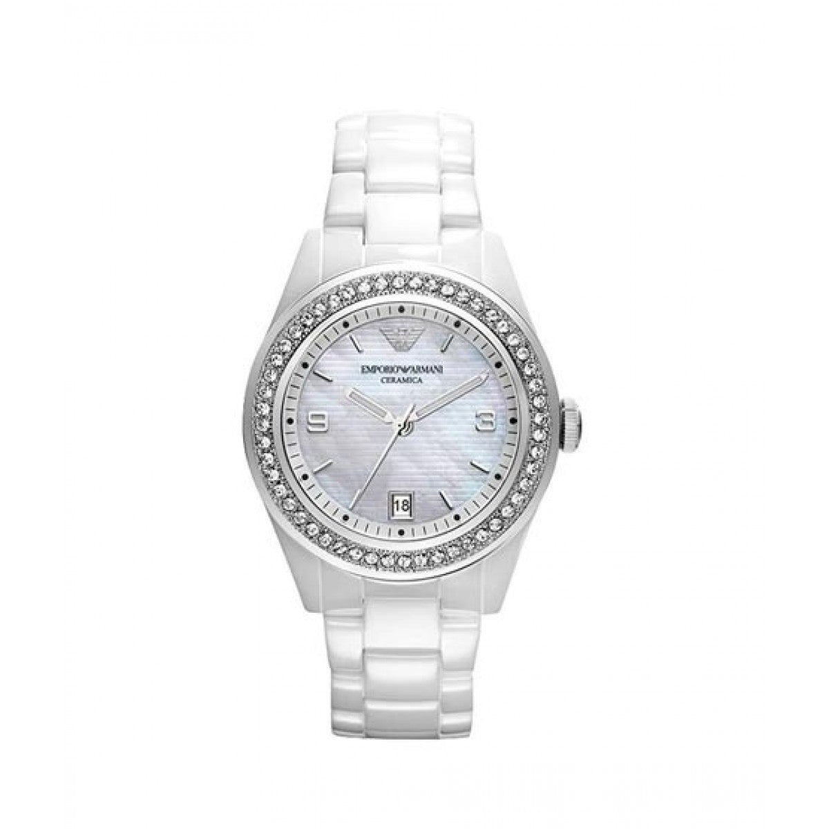 Emporio Armani Ceramica White Mother of Pearl Dial Stainless Steel Strap Watch For Women - AR1426 Watches Emporio Armani   