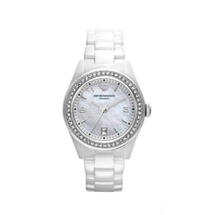 Emporio Armani Ceramica White Mother of Pearl Dial Stainless Steel Strap Watch For Women - AR1426 Watches Emporio Armani   