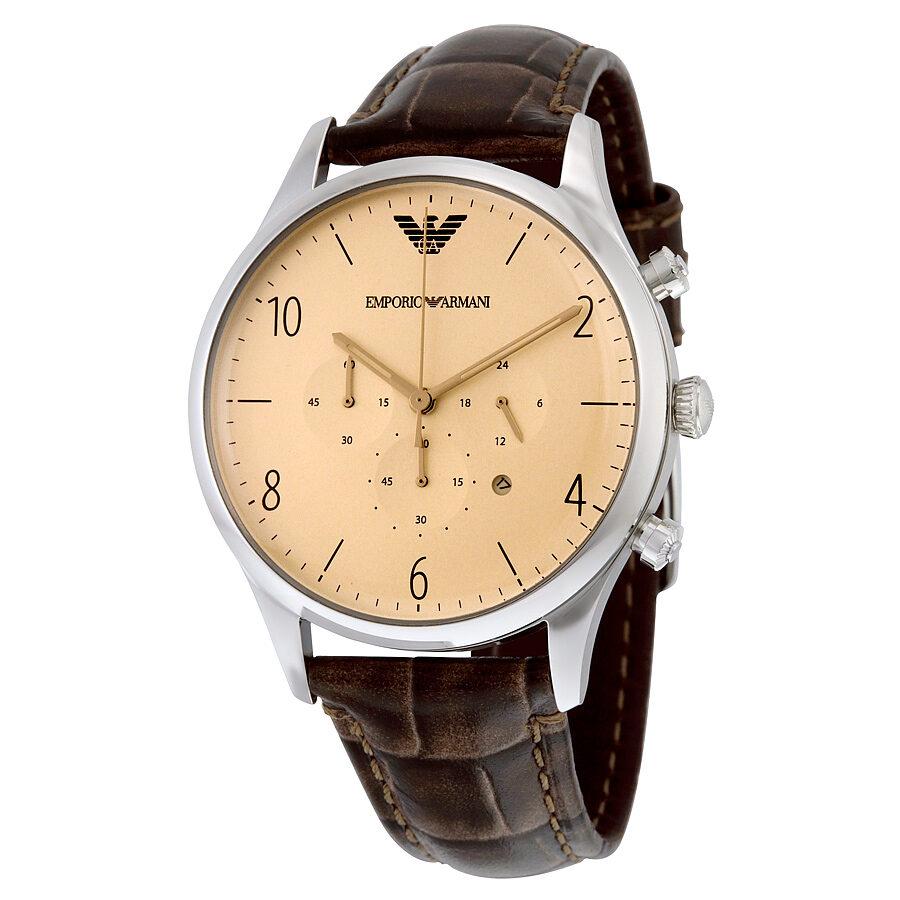 Emporio Armani Classic Chronograph Cream Dial Brown Leather Strap Watch For Men - AR1878 Watches Emporio Armani   