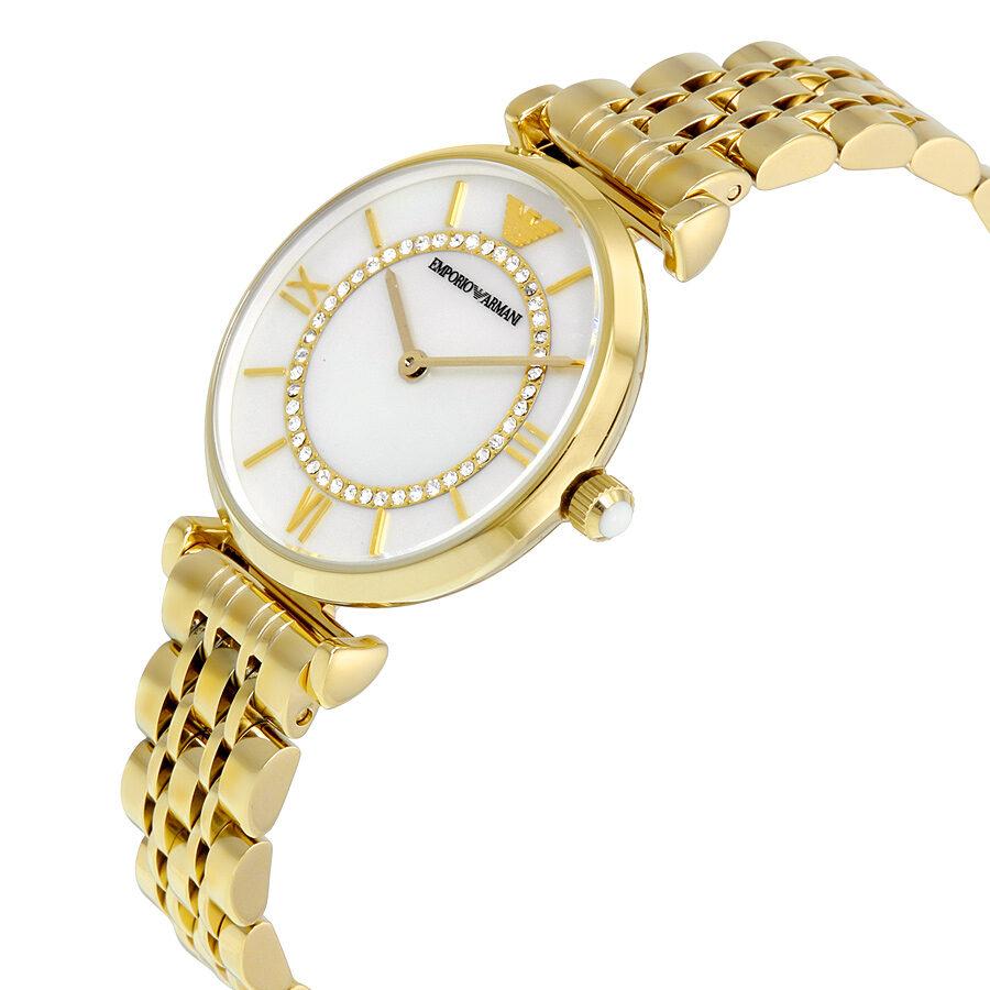 Emporio Armani Gianni T Bar White Mother of Pearl Dial Gold Stainless Steel Watch For Women - AR1907 Watches Emporio Armani   