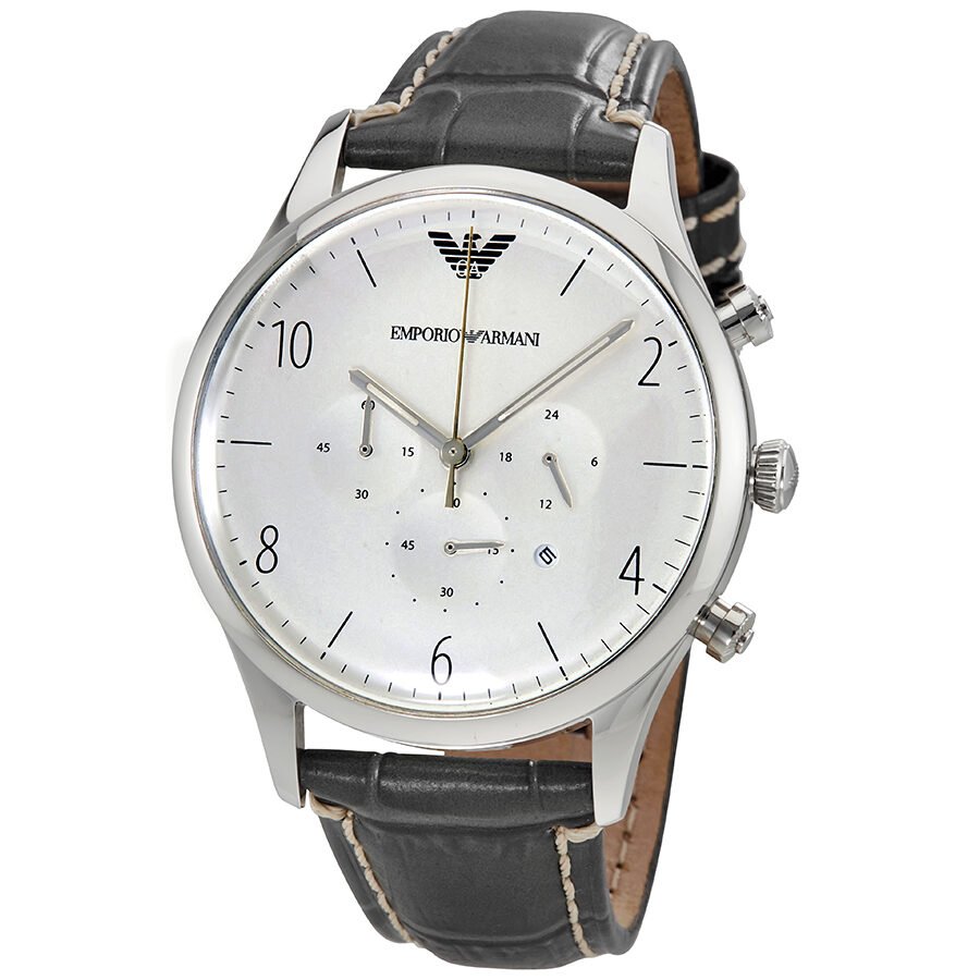 Emporio Armani Classic Chronograph Silver Dial Grey Leather Strap Watch For Men - AR1861 Watches Emporio Armani   