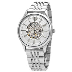 Emporio Armani Meccanico Silver Skeleton Dial Stainless Steel Watch For Men - AR1945 Watches Emporio Armani   