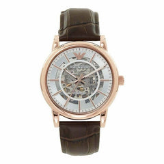 Emporio Armani Meccanico Silver Skeleton Dial Brown Leather Strap Watch For Men - AR1983 Watches Emporio Armani   