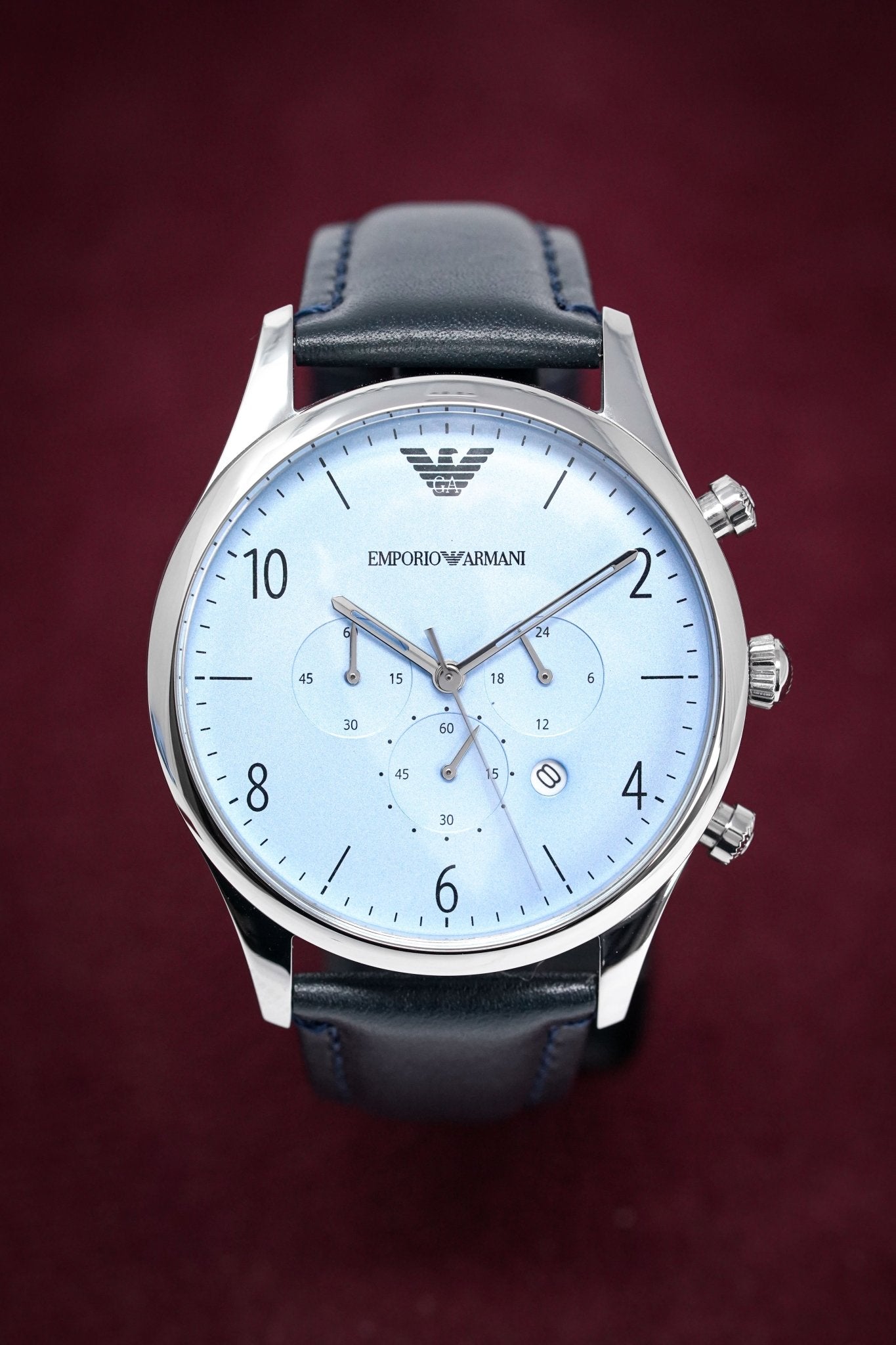 Emporio Armani Chronograph Blue Dial Blue Leather Strap Watch For Men - AR1889 Watches Emporio Armani   