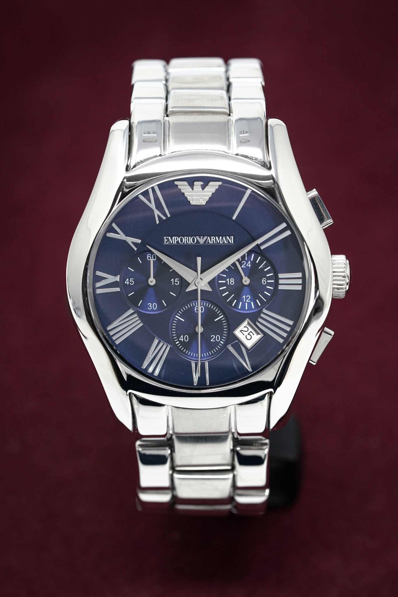 Emporio Armani Classic Blue Dial Silver Stainless Steel Strap Watch For Men - AR1635 Watches Emporio Armani   