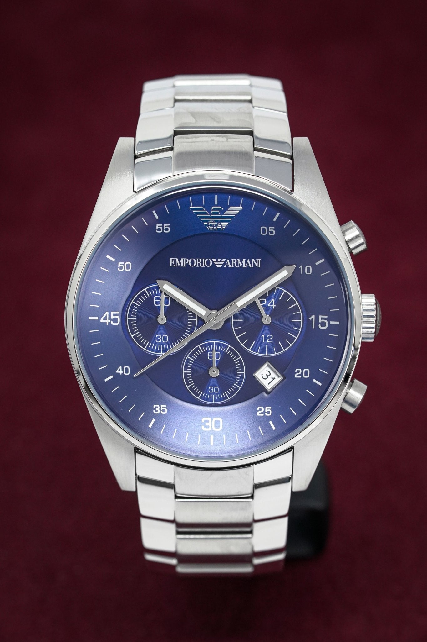 Emporio Armani Sportivo Chronograph Blue Dial Silver Stainless Steel Watch For Men - AR5860 Watches Emporio Armani   