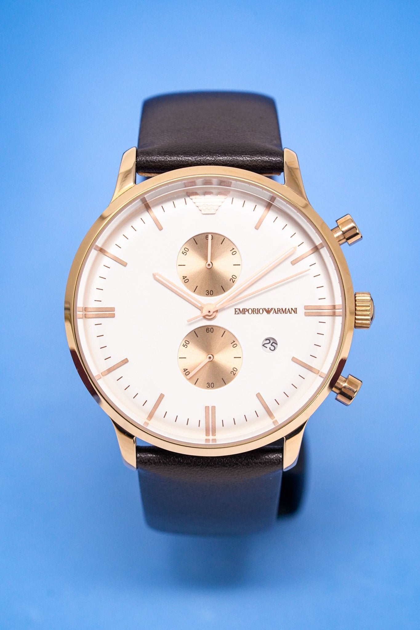 Emporio Armani Gianni Classic Chronograph White Dial Brown Leather Strap Watch For Men - AR0398 Watches Emporio Armani   