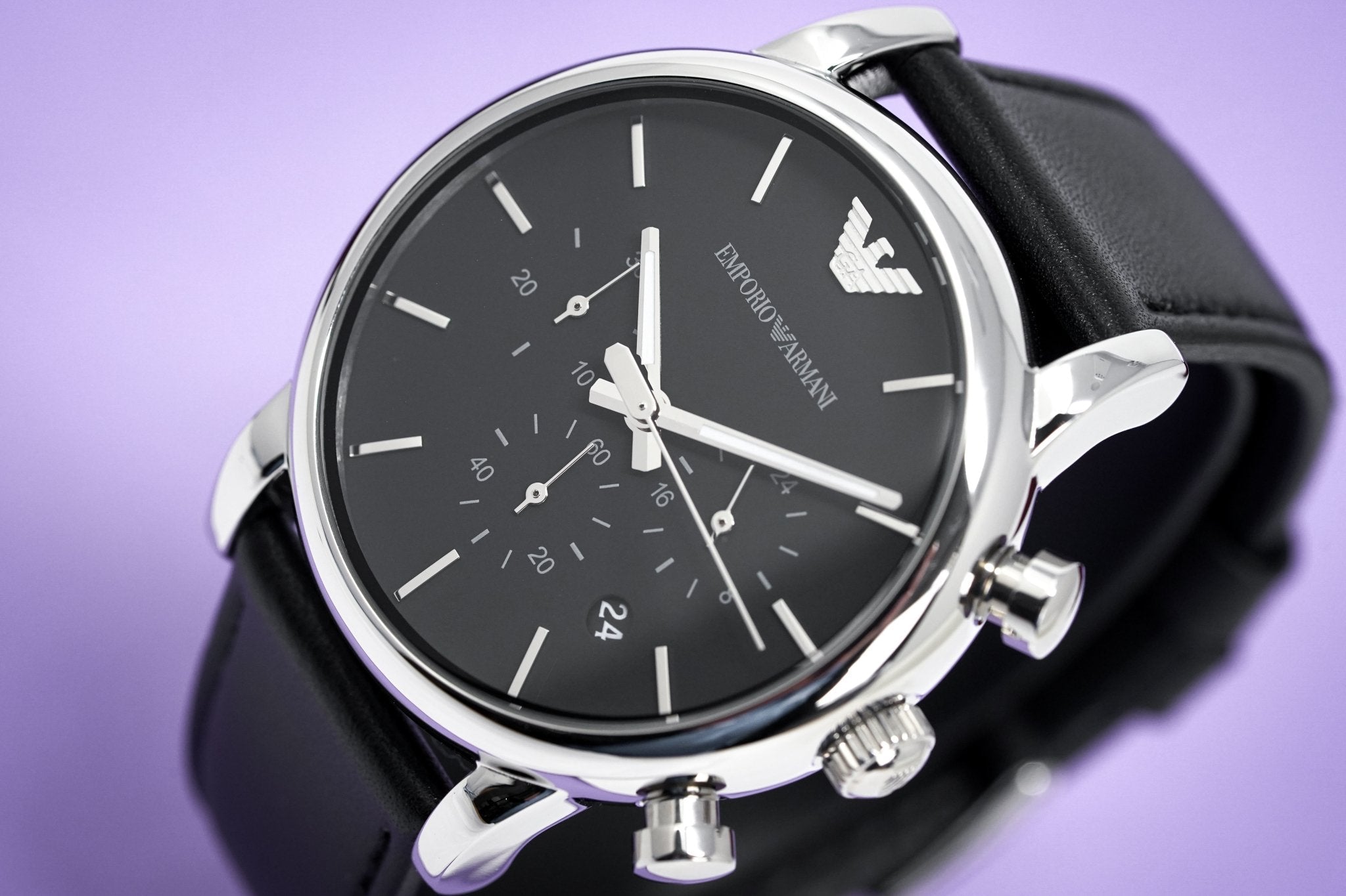 Emporio Armani Classic Chronograph Black Dial Black Leather Strap Watch For Men - AR1733 Watches Emporio Armani   