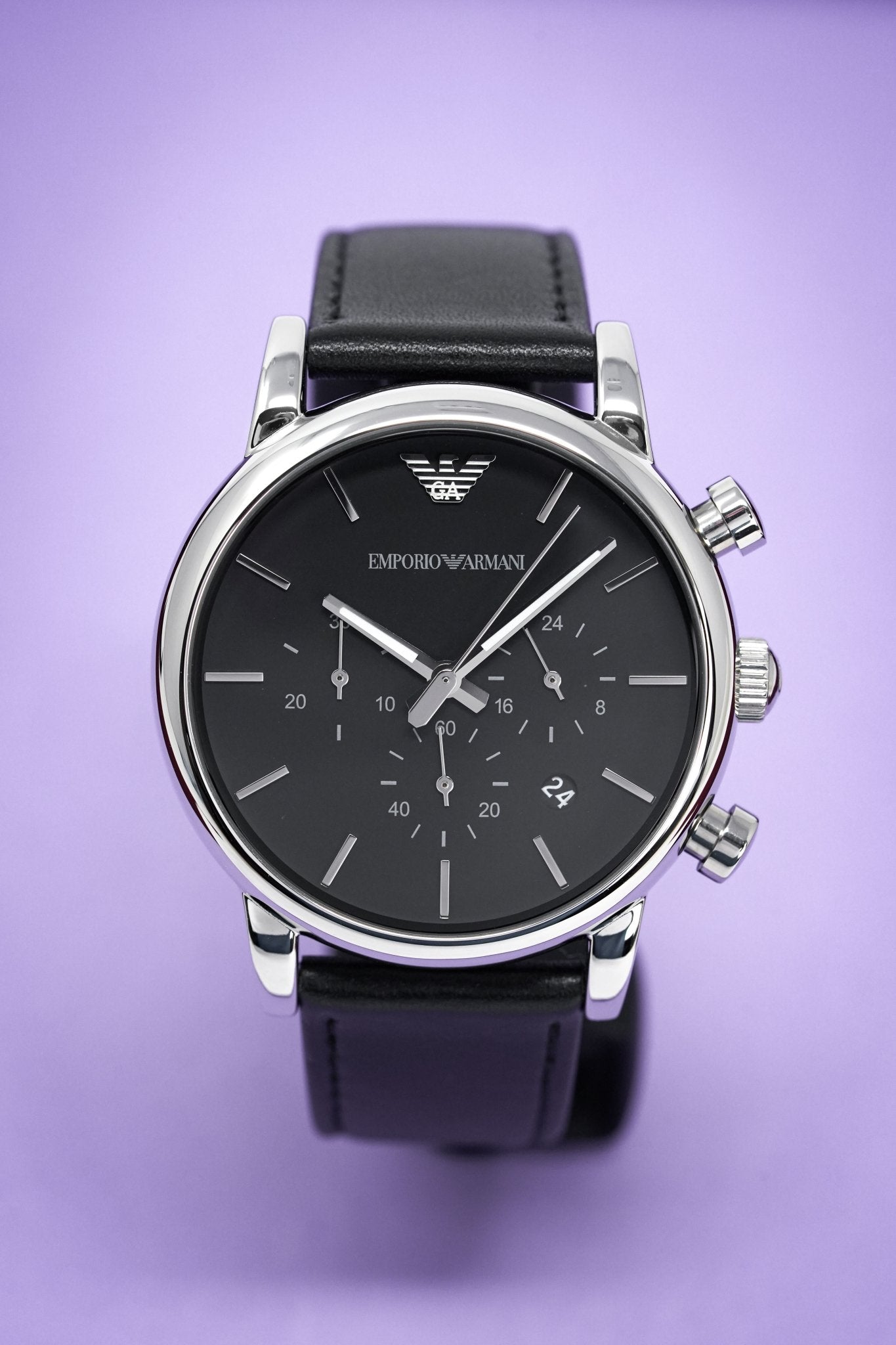 Emporio Armani Classic Chronograph Black Dial Black Leather Strap Watch For Men - AR1733 Watches Emporio Armani   