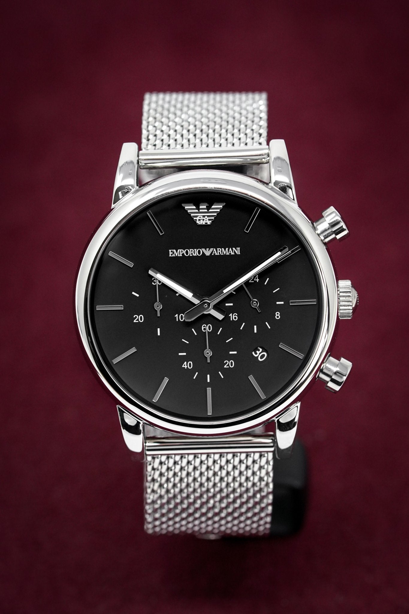 Emporio Armani Luigi Chronograph Black Dial Silver Mesh Bracelet Watch For Men - AR1811 Watches Emporio Armani   