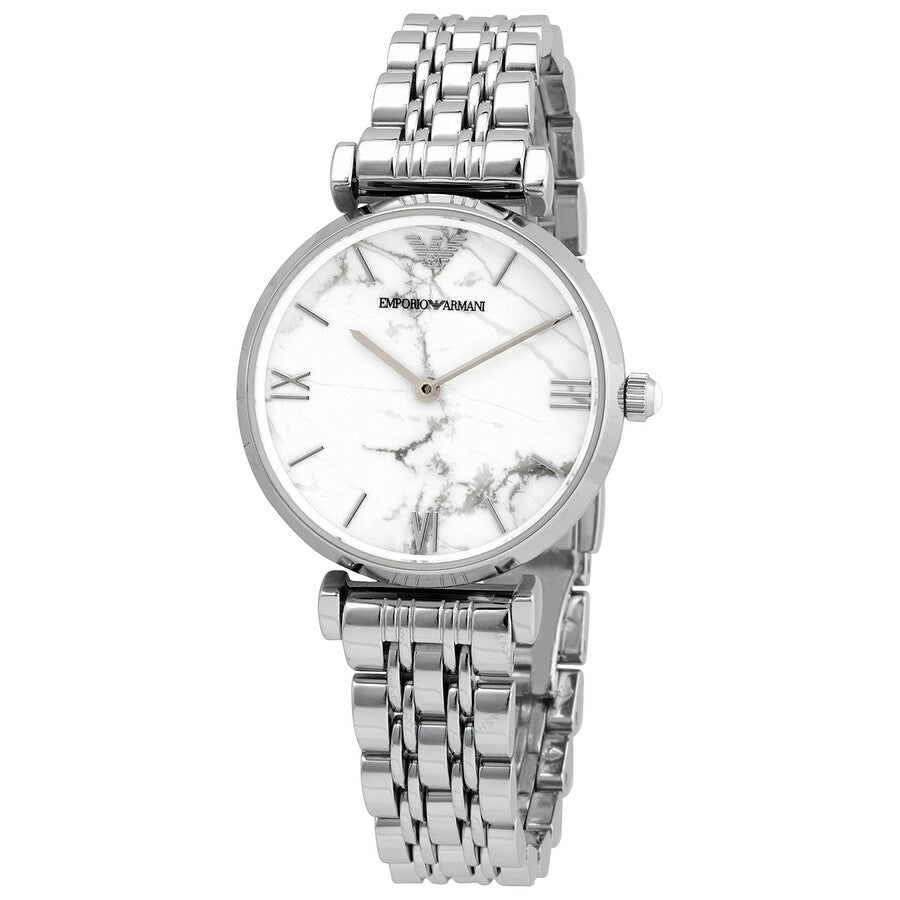 Emporio Armani Gianni T Bar White Marble Dial Stainless Steel Watch For Women - AR11170 Watches Emporio Armani   