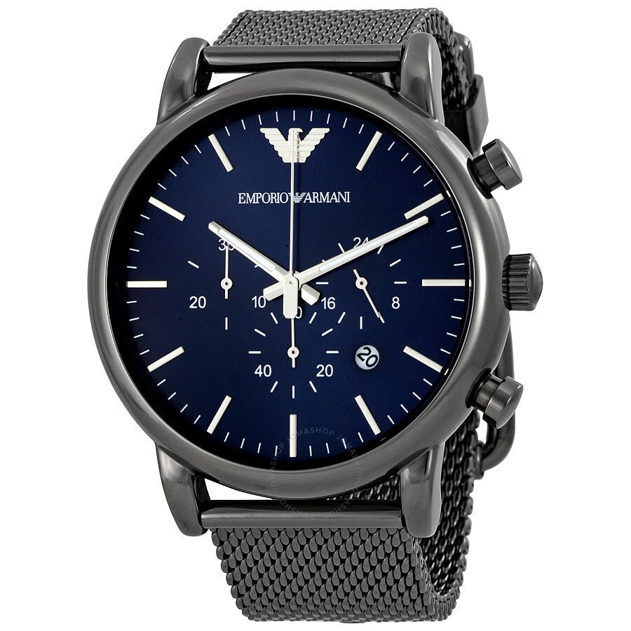 Emporio Armani Chronograph Blue Dial Gun Metallic Mesh Bracelet Watch For Men - AR1979 Watches Emporio Armani   