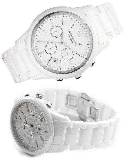 Emporio Armani Ceramica Chronograph White Dial White Strap Watch For Men - AR1453 Watches Emporio Armani   