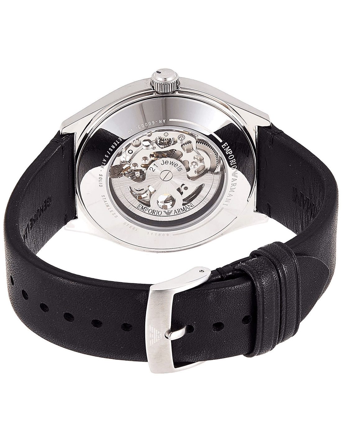 Emporio Armani Meccanico White Skeleton Dial Black Leather Strap Watch For Men - AR60003 Watches Emporio Armani   