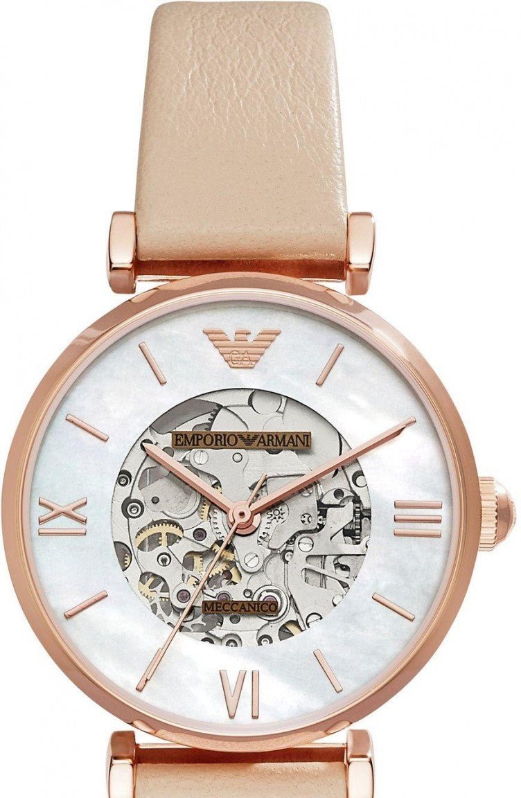 Emporio Armani Meccanico Silver Skeleton Dial Beige Leather Strap Watch For Women - AR60001 Watches Emporio Armani   