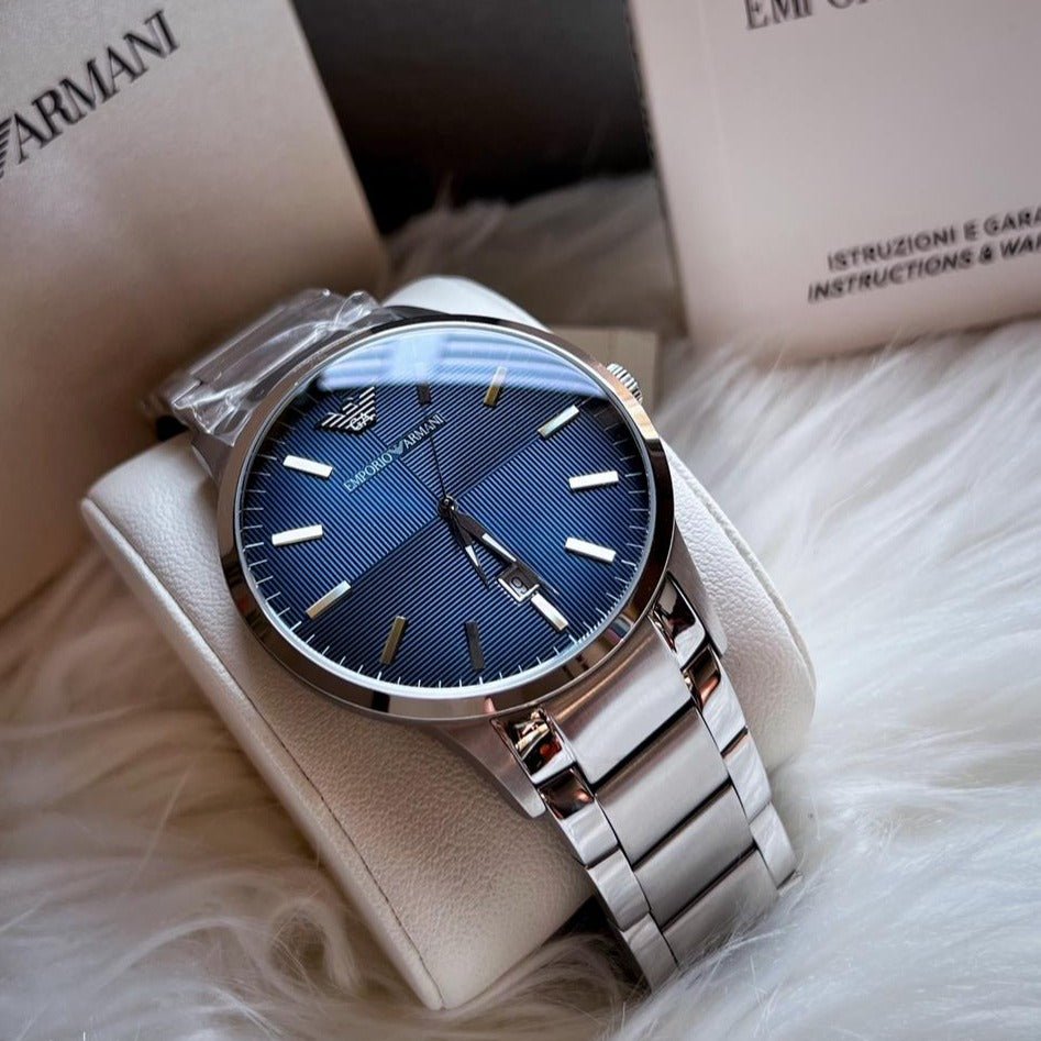 Emporio Armani Renato Blue Dial Silver Stainless Steel Watch For Men - AR2472 Watches Emporio Armani   